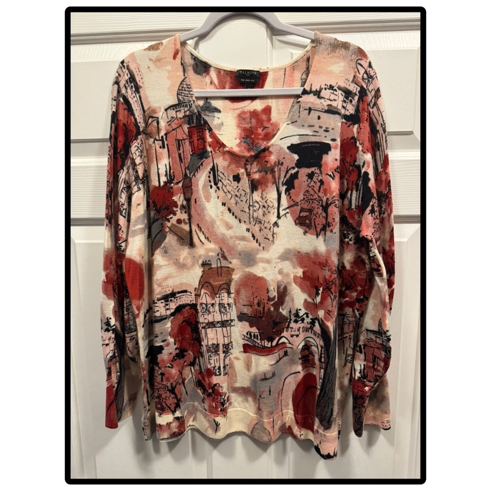 Talbots Red Cream Black Artistic Print Long Sleeve Merino Sweater